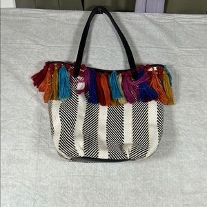 Circus by Sam Edelman black and white Colorful Tassel Striped Tote Bag purse